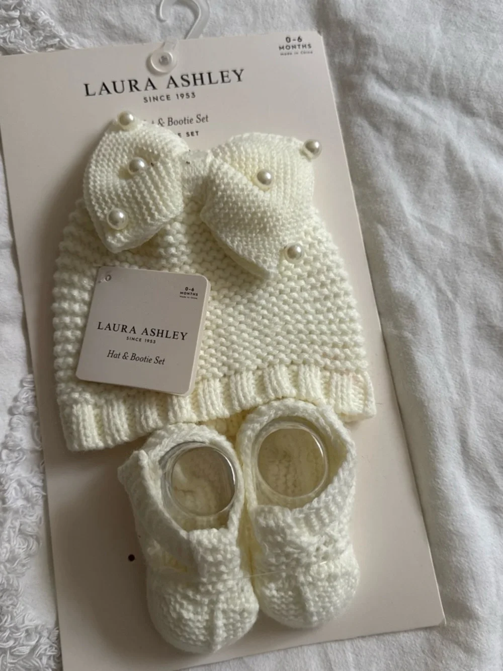 Laura Ashley Cream Knit Baby Hat & Booties with Pearl Bows